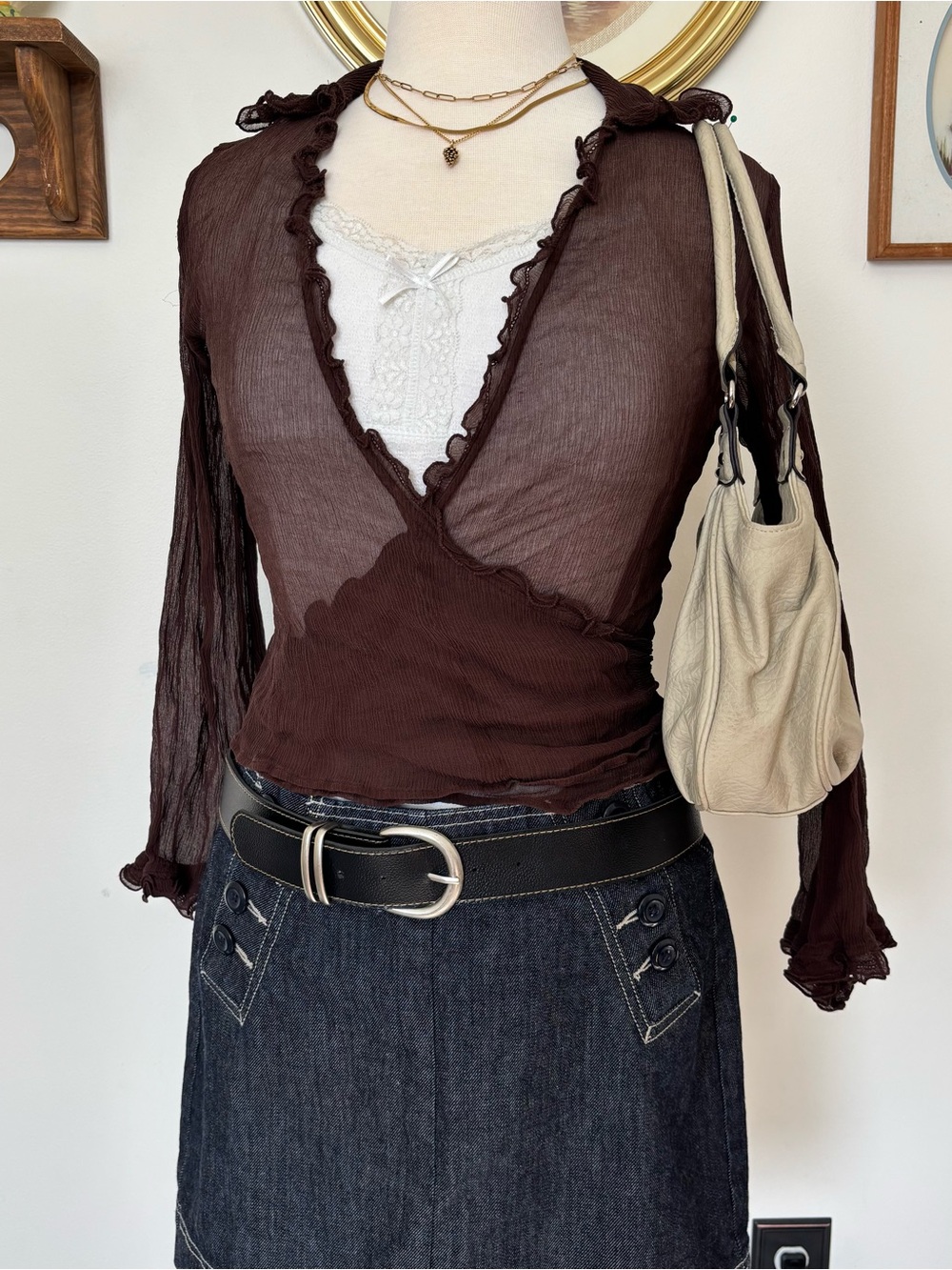 Newport News Chocolate Brown Sheer Ruffle Wrap Top
